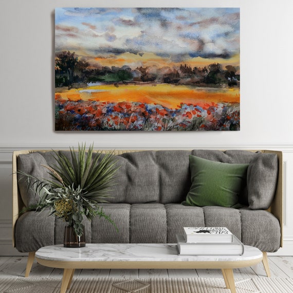 Watercolor Landscape painting, Landscape Painting, Scenic Canvas Print, Fields Of Gold 2, Maya Green, Nature Painting Print