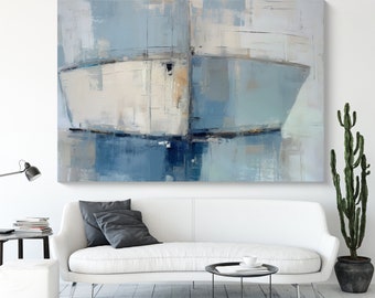 Impresión en lienzo de barco en el océano/Olas oceánicas, Arte de pared grande, Impresión en lienzo de playa abstracta, Arte de pared de mar azul personalizado Decoración para sala de estar