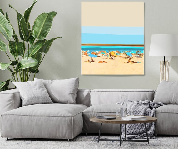 Sunny Beach Day 1, Swimming Painting Canvas Print, Summer Blue Coastal Art, Beach Art Print Beach Umbrellas Coast Painting Canvas Print Art