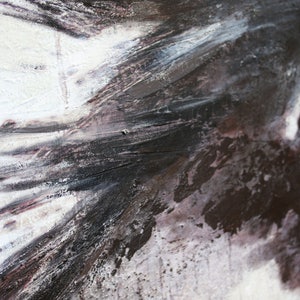 May include: Abstract art piece with a hand-textured finish. The artwork features a blend of dark and light tones, with visible brushstrokes and a textured surface. The text at the top reads: HAND TEXTURED OPTION: ACRYLIC, STUCCO, CRACKLE PASTE, GESSO.