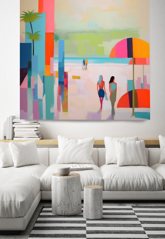 Romantic Beach Days Wall Art 2 Painting Print, Coastal Canvas Print, Midcentury Coastal At print on Canvas, Color Block Abstract Coastal Art