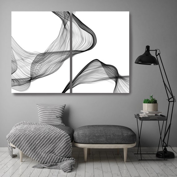 Rhythm and Flow 48, Black and White Diptych Stretched Canvas Wall Art Pair, Canvas Art Print, Abstract Black and White Wall Decor