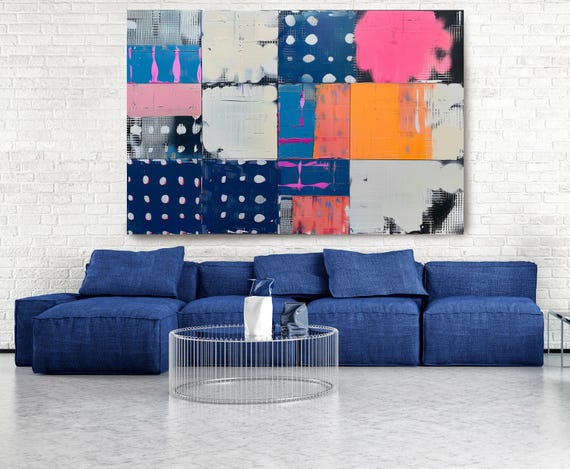 Abstract Blocks 3, Bold Blue Pink Abstract Painting Print on Canvas, Hand Textured Print, Contemporary Living Room Decor, By Irena Orlov