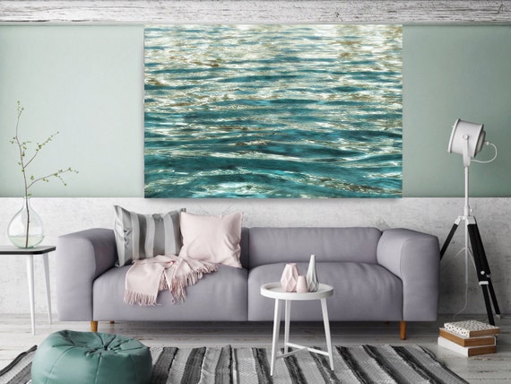 Clear Waves. Extra Large Water Canvas Art Prints up to 72", Seascape Blue Teal Gold Blur Water Photography Print by Irena Orlov
