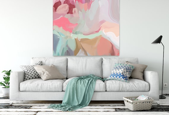 Blush Pink TURQUOISE Abstract Expressionist Contemporary Art, Huge Turquoise Pink Abstract Canvas Art Print up to 50" by Irena Orlov