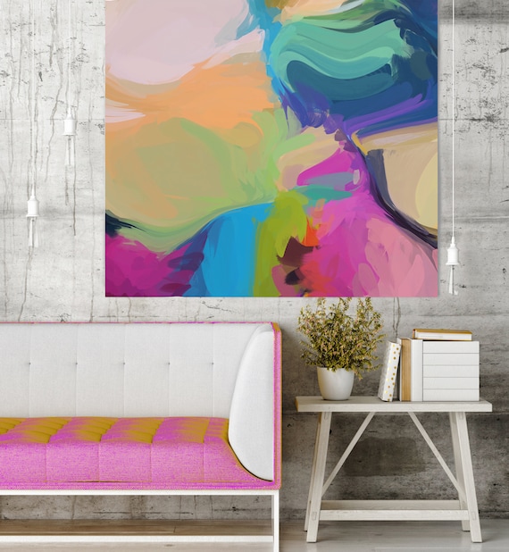 Night For Two, Art Abstract Print on Canvas up to 50", Blue Pink White Yellow Green Abstract Canvas Art Print by Irena Orlov