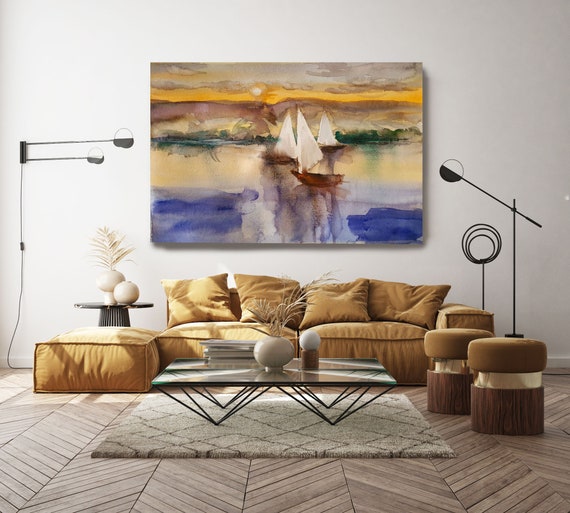 Abstract Lake Yacht Watercolor Landscape painting, Seascape Painting, Scenic Canvas Print, Golden Lake, Maya Green, Nature Painting Print