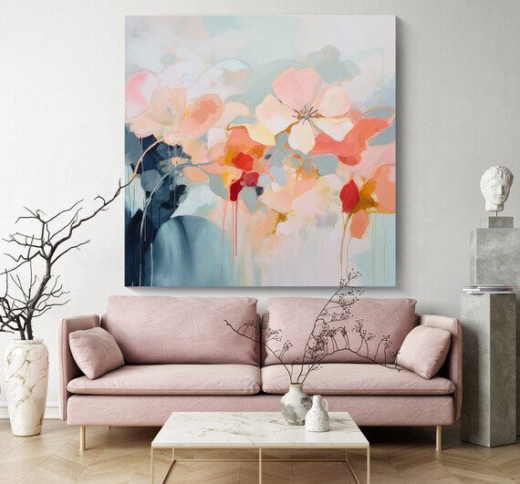 Dreamy Petals in Acrylic Canvas Print | Abstract Floral Canvas | Muted Pink Blue Wall Decor | Contemporary Artwork | Floral Canvas Print