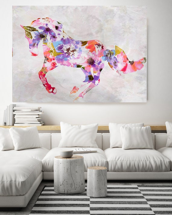 Colorful Abstract Floral Horse BOHO Mixed Media Horse Painting Canvas Print BOHO Floral Horse Art Large Canvas, Painted Horse Boho Wall Art