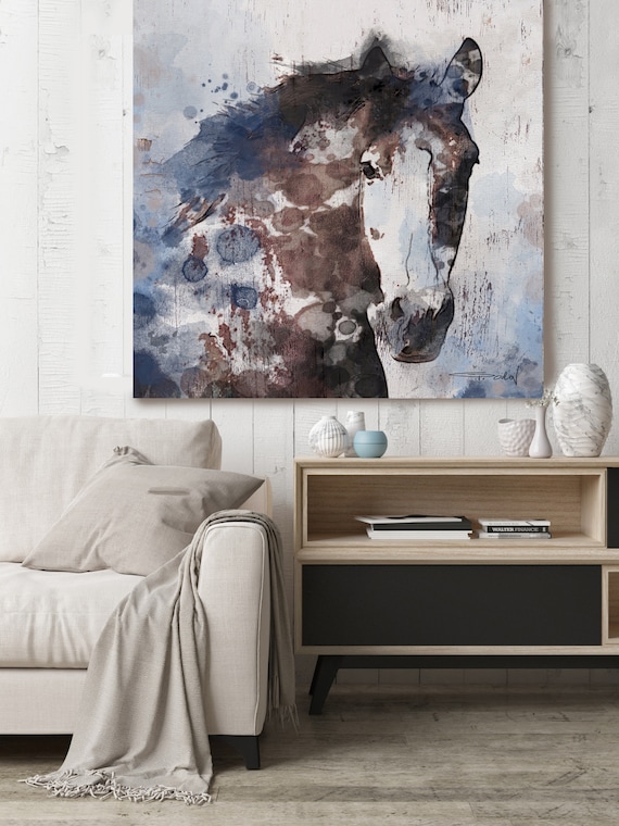 Navy Blue Gorgeous Horse Large Canvas, Horse Art, Brown Blue Rustic Horse, Rustic Vintage Horse Wall Art Print up to 50" by Irena Orlov