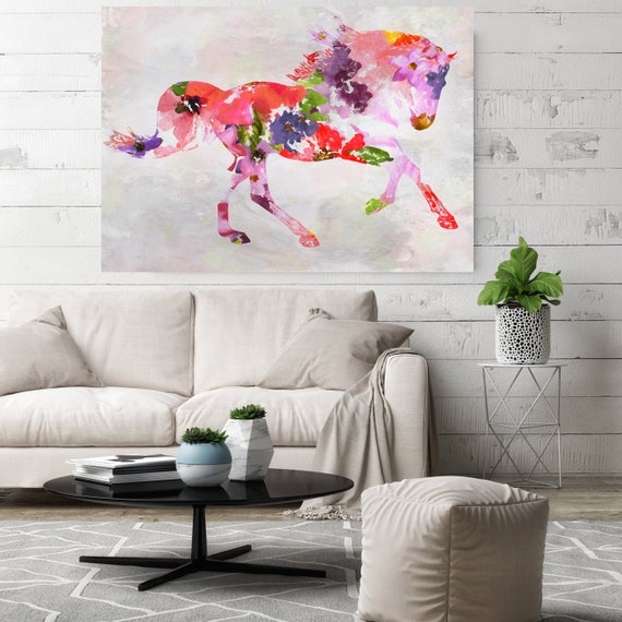 Spring Floral Horse Painting BOHO Mixed Media Horse Painting Canvas Print BOHO Floral Horse Art Large Canvas, Painted Horse Boho Wall Art