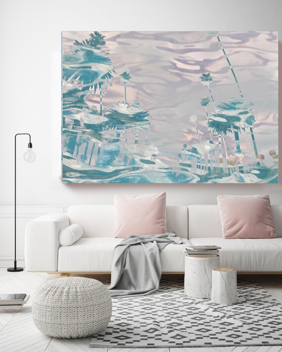 California Palm Art, Blue Palm Tree, Palm Trees, Palm Tree Canvas Print,Tropical Art,Palms,Tropical Decor, California Wall Art, Pink Water