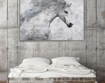 White Horse Painting on canvas, Blue Sky Horse, Horse Art, White Horse, Horse Wall Art Canvas Print by Irena Orlov