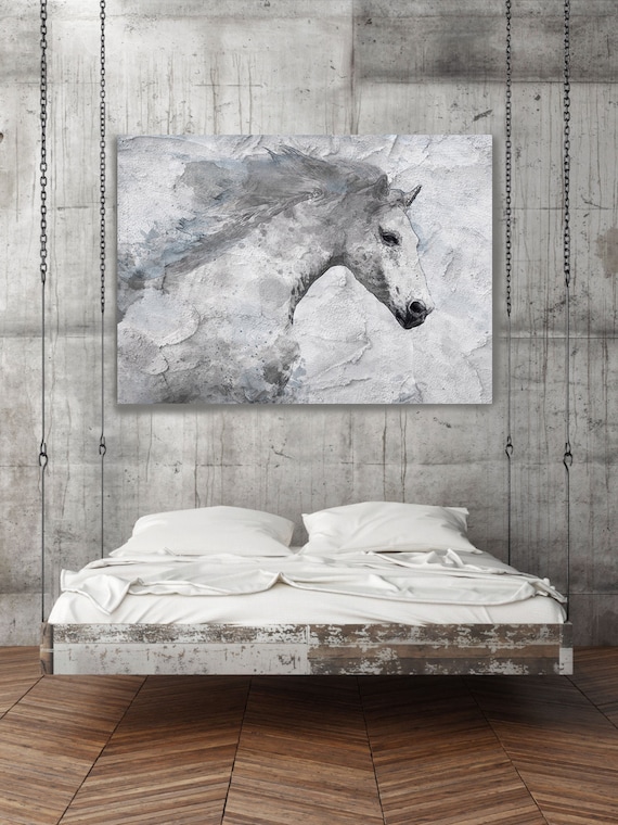 White Horse Painting on canvas, Blue Sky Horse, Horse Art, White Horse, Horse Wall Art Canvas Print by Irena Orlov