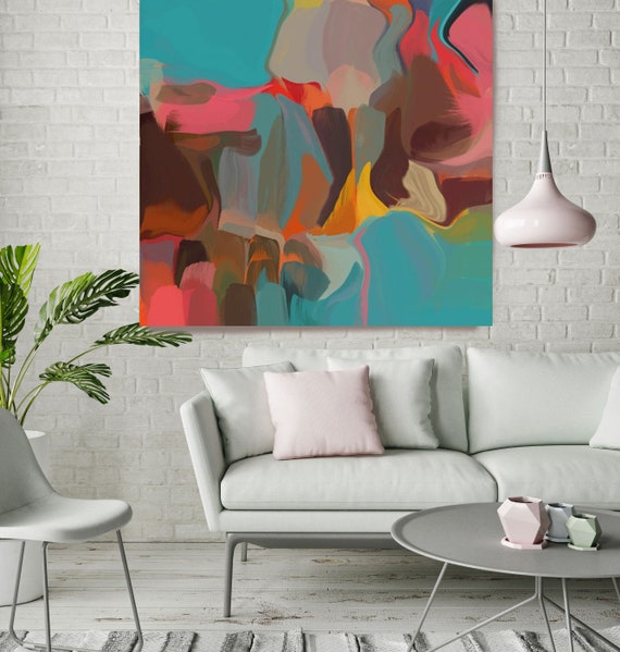 Living room Decor, Abstract Paintings, Turquoise Red Canvas Print, Abstract Painting Large, Art Deco Wall Decor, Inspirational Wall Art