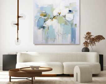 Abstract Muted Colors Floral Collection 22, Abstract Muted Blue Flower Painting Print On Canvas, Large Modern Floral Art Print, Abstraction