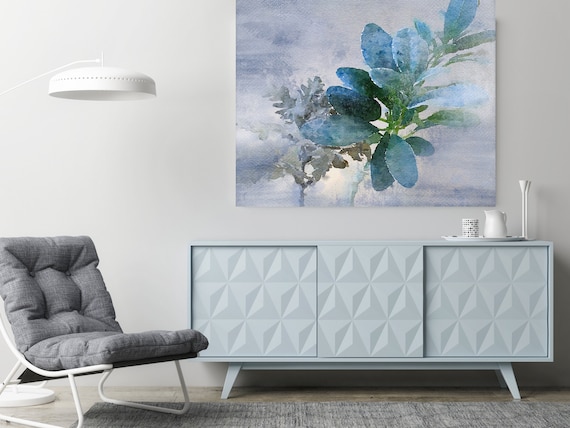 Delicate Balance Watercolor Painting Blue Gray Plant Minimalist Art Botanical Drawing Rustic Large Canvas Art Print up to 48" by Irena Orlov