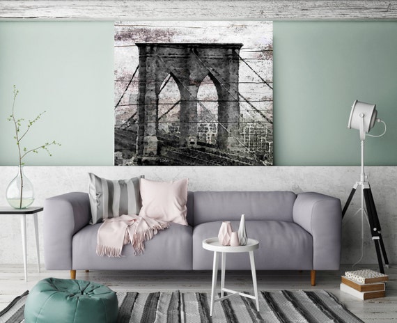 The Brooklyn Bridge. Extra Large Black and white Rustic Urban Canvas Art Print up to 54" by Irena Orlov