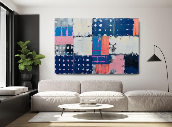 Blue Abstract Blocks, Bold Blue Pink Abstract Painting Print on Canvas, Hand Textured Print, Contemporary Living Room Decor, Office Wall Art