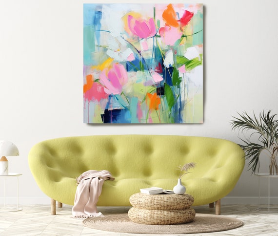 Abstract Vibrant Flower Painting Print On Canvas, Large Wall Art, Modern Floral Painting Art Print, Abstract Pink Bliss Floral Collection 14