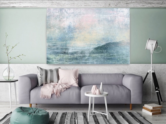ORL-8101-4 Sea View, Extra Large Seascape Rustic Blue Pink Canvas Wall Art Print Large Canvas Print up to 60"  Art by Irena Orlov