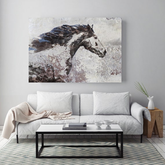 Brown Blue Majestic Horse 3. Brown and Black Horse painting print art, animal, home decor, wall art, gift, Contemporary