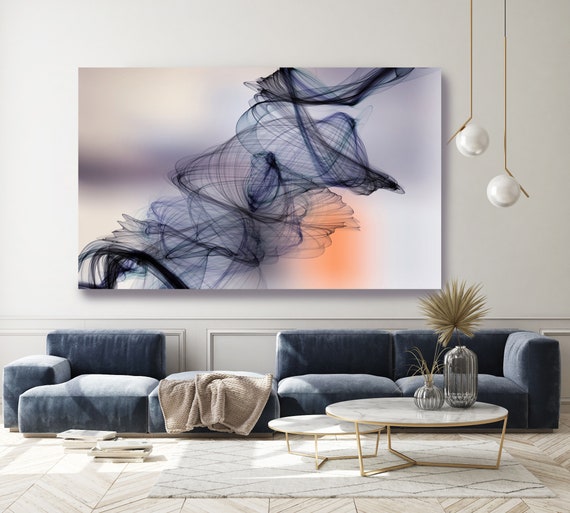 Blue Orange Abstract Painting Flow Abstract Art, Contemporary Canvas Art Print, New Media Artwork The Invisible World-Movement 3, Line Art