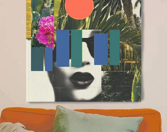 Mid-Century Modern Abstract Woman Canvas Print, Tropical Botanical Collage Wall Art, Contemporary Portrait Art for Living Room and Office