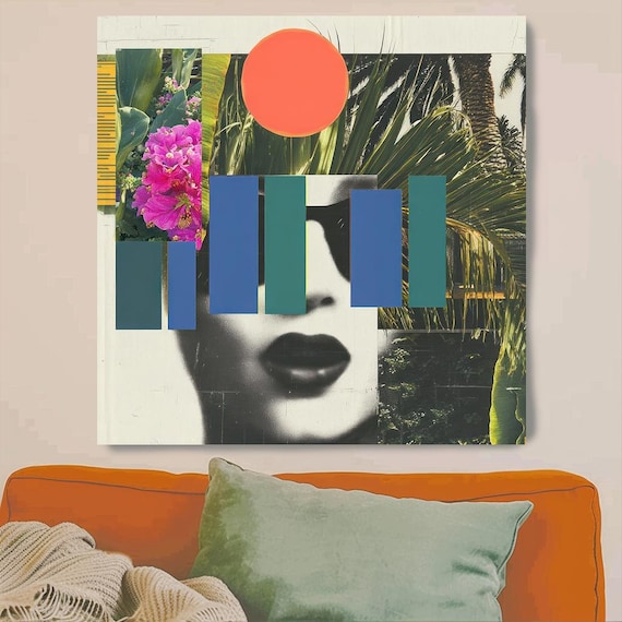 Mid-Century Modern Abstract Woman Canvas Print, Tropical Botanical Collage Wall Art, Contemporary Portrait Art for Living Room and Office