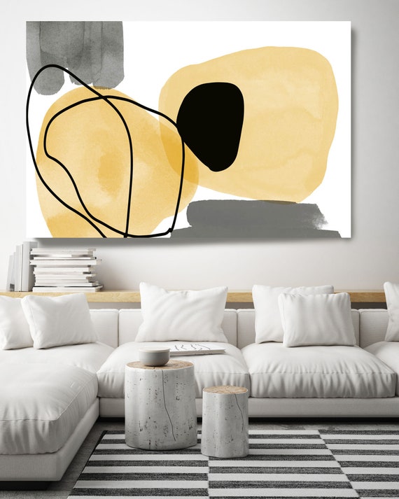 Yellow Black Watercolor. Line Art Modern Gray Yellow Canvas Art Print Scandinavian print Minimalist abstract Wall decor Minimalist Art