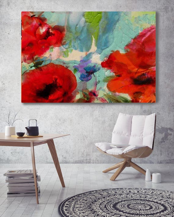 The spring garden. Floral Painting, Red Blue Abstract Art, Large Abstract Colorful Contemporary Canvas Art Print up to 72" by Irena Orlov