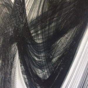 May include: Abstract black and white painting with a textured, layered effect. The black paint appears to be layered on top of the white paint, creating a sense of depth and movement.