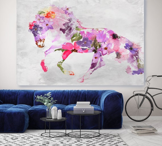 Beautiful Floral Horse BOHO Mixed Media Horse Painting Canvas Print BOHO Pink Floral Horse Art Large Canvas, Painted Horse Boho Wall Art