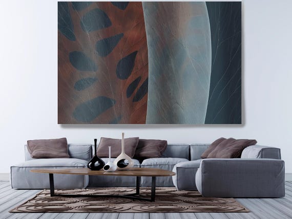 Tawny Tides-9, Blue Brown Contemporary Abstract Painting Print on Canvas, Contemporary Living Room Decor, Office Art, Textured Abstract
