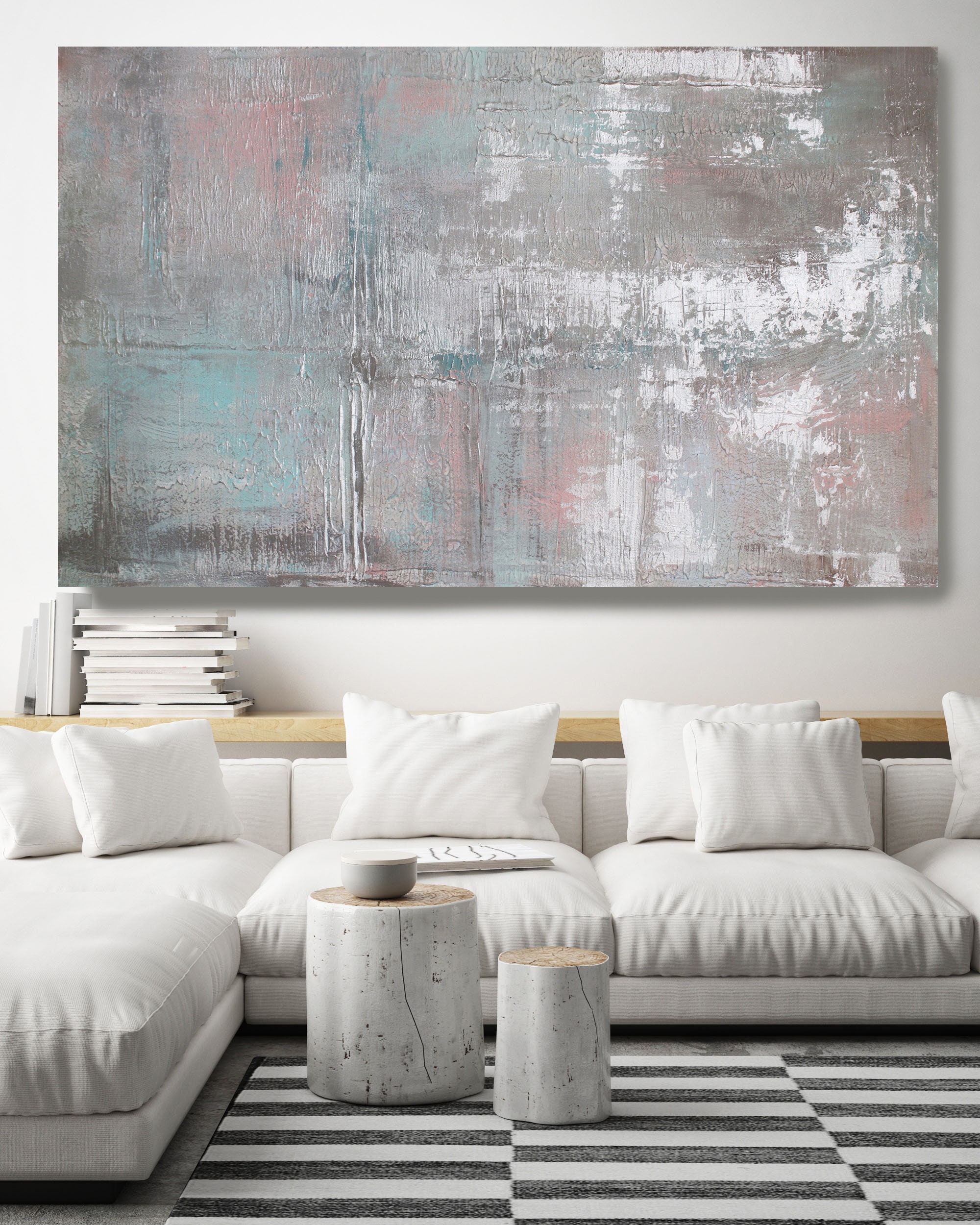 Silver Pink Teal Abstract Painting Silver Art Abstract Painting Extra