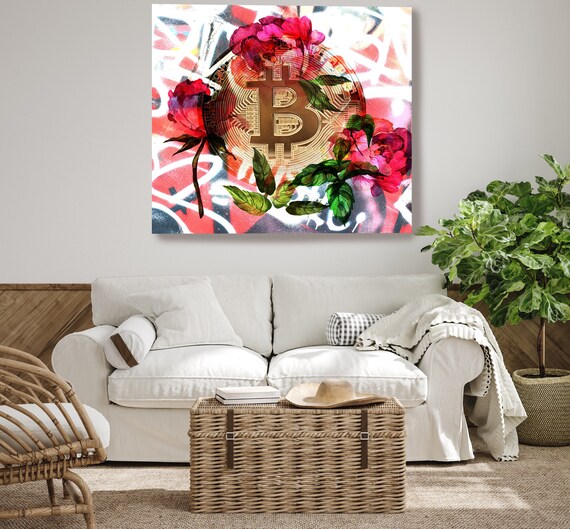 Bitcoin Floral Inspiration, Digital Currency Canvas Print, Cryptocurrencies Textured Art, Cryptocurrency Bitcoin Graffiti, Print on Canvas