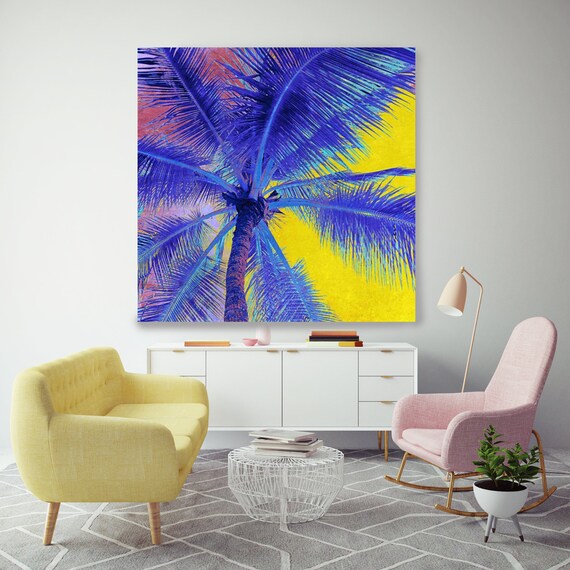 Palm Tree Sunset. Palm Trees, Blue Purple Yellow Palm Tree Canvas Art Print up to 48", Tropical Canvas Print by Irena Orlov