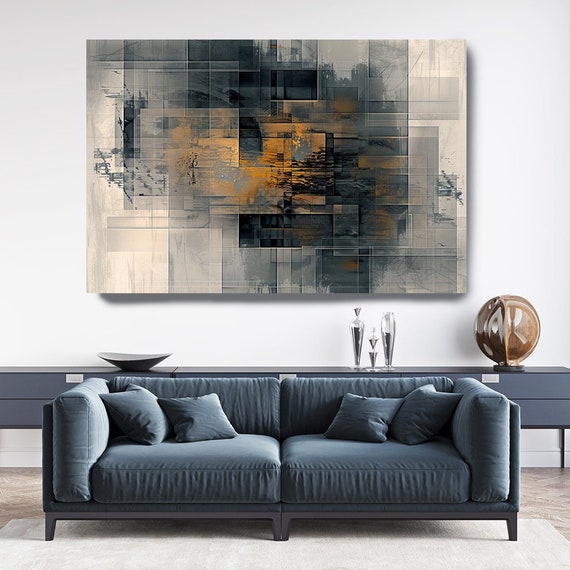 Abstract Algorithms-25, Black Blue Copper Abstract Painting Print on Canvas, Abstract Art, Contemporary Living Room Decor, Office Wall Art
