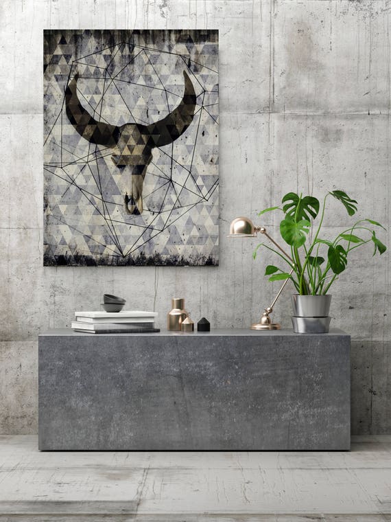 ORL-9981-2 Buffalo skull 2.  Extra Large Rustic Buffalo Skull Canvas Wall Art Print up to 72", Animal Rustic Canvas Wall Art Print Decor