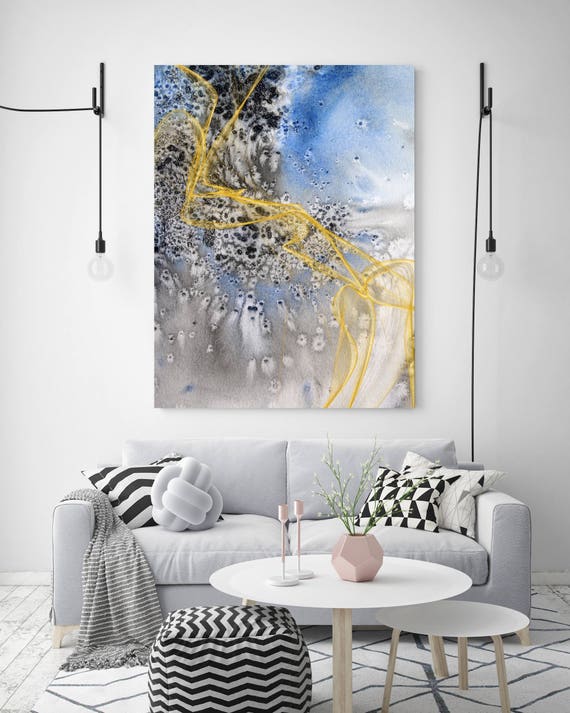 Coastal Watercolor Abstract 20. Watercolor Abstract Blue Black Gold Canvas Art Print, Watercolor Painting Print up to 72" by Irena Orlov
