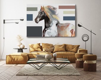 Tan Gold Blues Abstract Colorful Modern Horse Block Painting Art, Large Abstract Horse Painting Print on Canvas, Horse Portrait Art