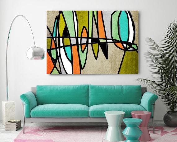 Vibrant Colorful Abstract-0-21. Mid-Century Modern Green Blue Canvas Art Print, Mid Century Modern Canvas Art Print up to 72" by Irena Orlov