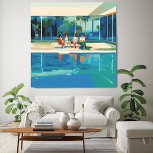 Poolside Paradise 28, Schwimmen, Sommer, Wasser, sonnig, Pool Gemälde Ausdrucksstarke Leinwand Druck, Geschenk für Sie, Woman Art, Pool Hotel Art