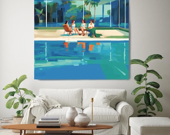 May include: A painting of four people sitting by a pool in a modern home. The pool is blue and the home has large windows. The people are wearing summer clothes and are enjoying the sunshine.