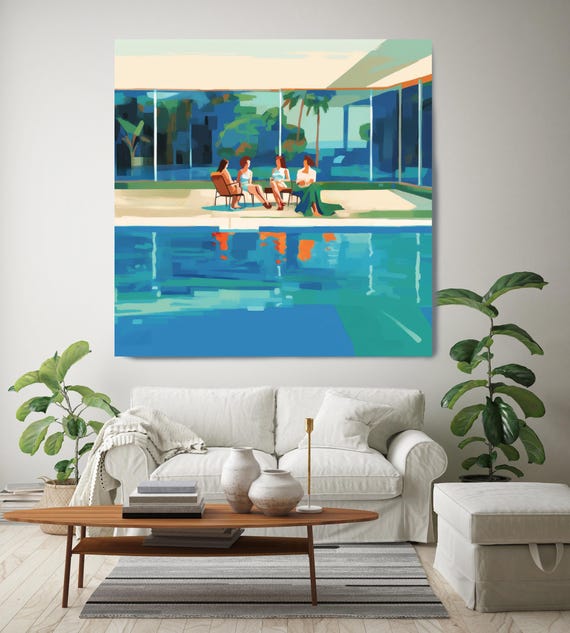Poolside Paradise 28, Swimming, Summer, Water, Sunny, Pool Painting Expressive Canvas Print, Gift for her, Woman Art, Pool Hotel Art