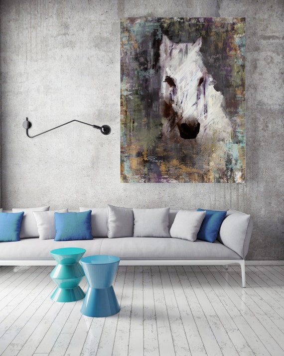 Color Queen. Extra Large Horse, Unique Horse Wall Decor, White Rustic Horse, Large Contemporary Canvas Art Print up to 72" by Irena Orlov