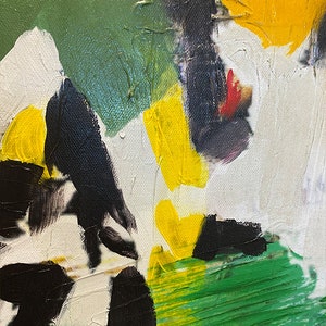 May include: Abstract painting with bold strokes of black, yellow, green, and red paint on a white canvas.