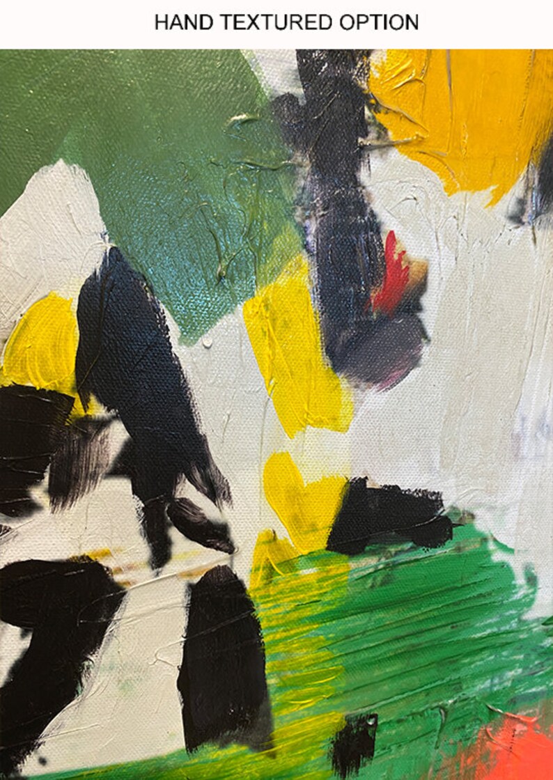 May include: Abstract painting with bold strokes of black, yellow, green, and red paint on a white canvas.