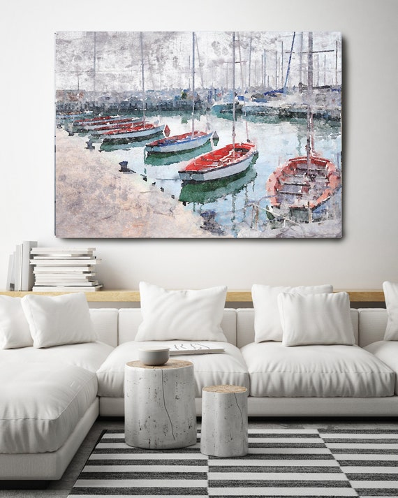 Newport  Marina, Beach Decor, Rustic Seascape, Coastal Wall Canvas Art, Grey Red & White, Sea Canvas Print 80" by Irena Orlov