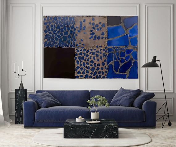Cobalt Currents-1, Blue Brown Contemporary Abstract Painting Print on Canvas, Contemporary Living Room Decor, Office Art, Textured Abstract
